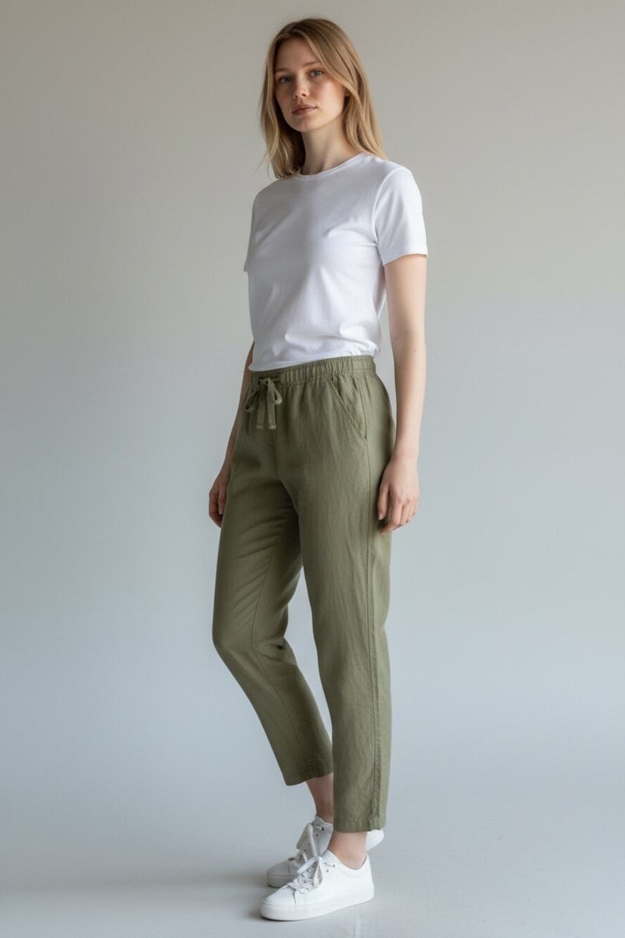 Serra Sage Olive Green Linen Blend Relaxed Beach Cropped Pants, Size S Beachy